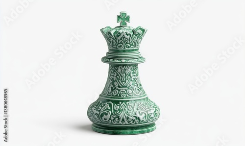 Green ornate queen chess piece on white background, strategy concept