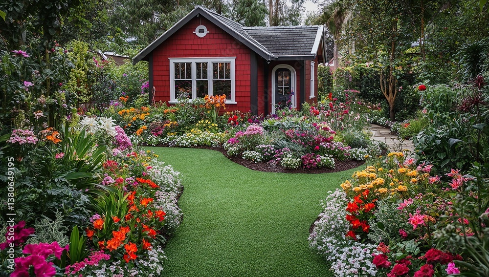 Fototapeta premium Red Cottage Garden: Blooming Flowers Surround Charming House in Lush Landscape