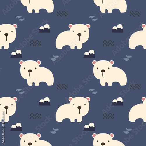 Polar bear cartoon so cute. On fish iceberg wave blue background. Pattern seamless vector illustration. 