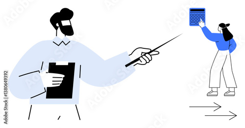 Man holding clipboard pointing with stick toward woman using oversized calculator to compute data. Ideal for teamwork, education, training, analysis, communication, business, project management. Flat