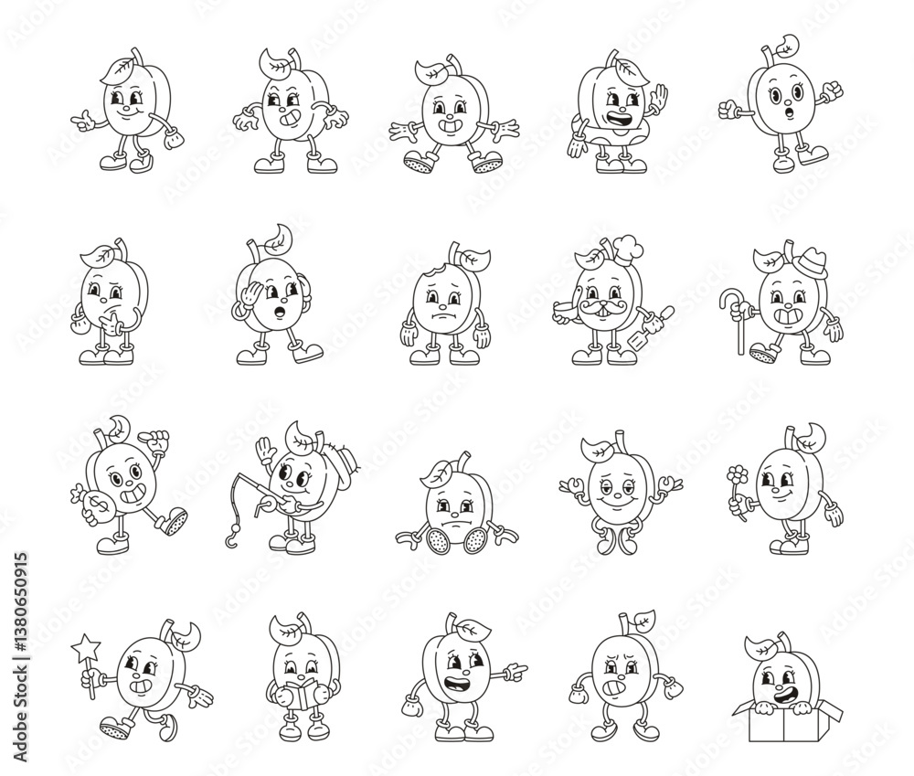 Groovy retro plum fruit character emotions gestures with accessories expressions activities poses costume styles cartoon outline illustrations Groovy retro plum fruit character emotions gestures with accessories expressions activities poses costume styles cartoon outline illustrations