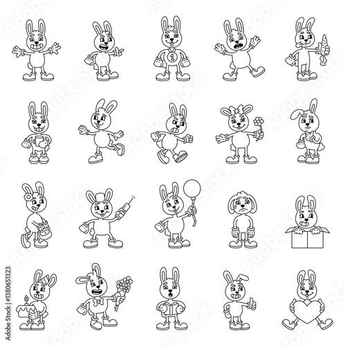 Groovy cartoon bunny rabbit character with emotions gestures objects for holiday love magic party surprise celebration mood retro style