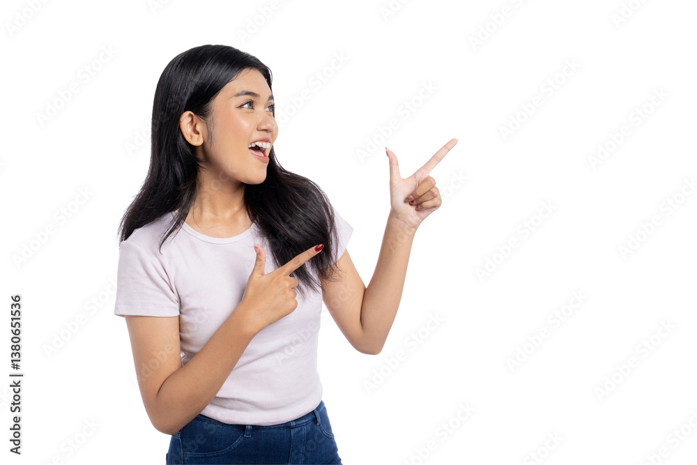 Happy young woman pointing finger at empty copy space, isolated on transparent background Happy young woman pointing finger at empty copy space, isolated on transparent background