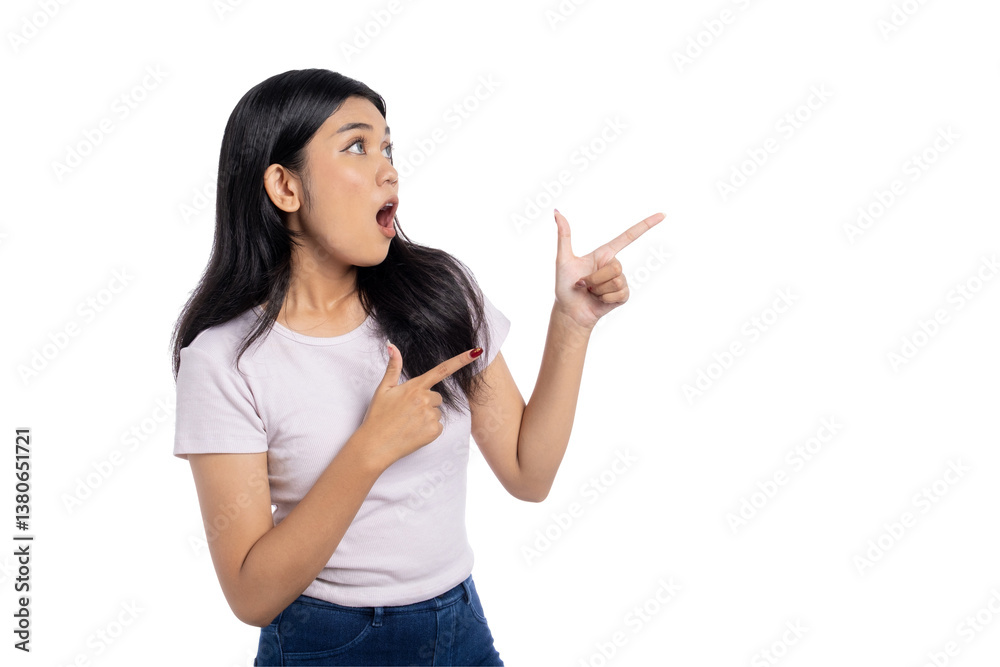 Surprised young Asian woman pointing to the side with excitement, isolated on transparent background Surprised young Asian woman pointing to the side with excitement, isolated on transparent background