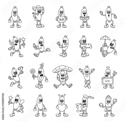 Groovy retro sausage characters in cartoon comic vintage funny expressive outline style with costumes and emotions