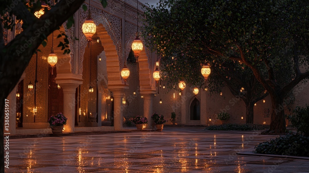 Fototapeta premium Tranquil Mosque Courtyard Illuminated by Lanterns at Evening with Reflections