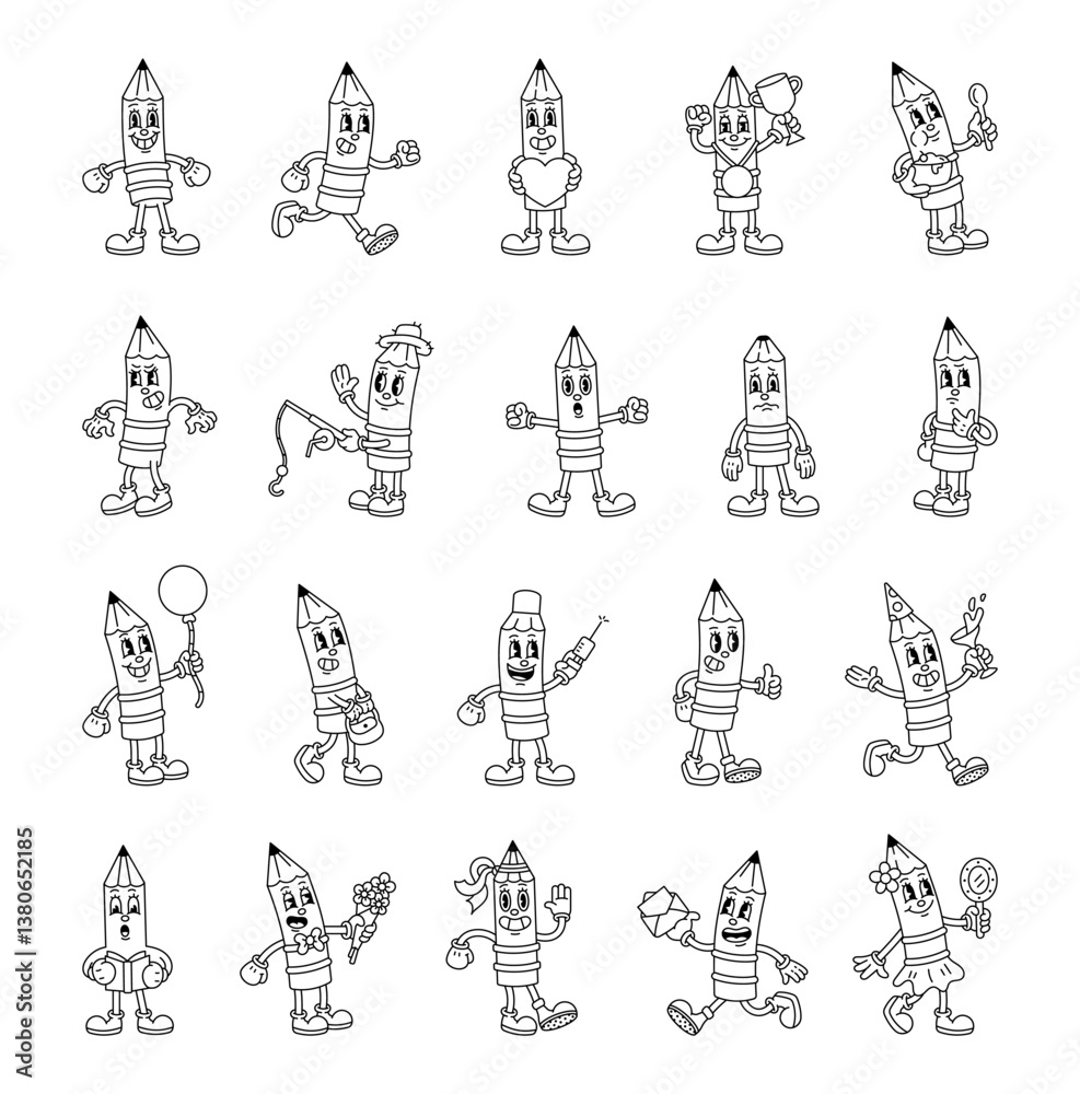 Fototapeta premium Groovy retro pencil characters in cartoon outline vintage funny expressive style with costumes emotions gestures activities and holiday elements