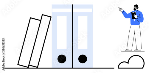 Man holding clipboard gesturing toward file folders and books with a cloud at the bottom. Ideal for organization, education, knowledge, library, file management, office work, digital archiving. Flat