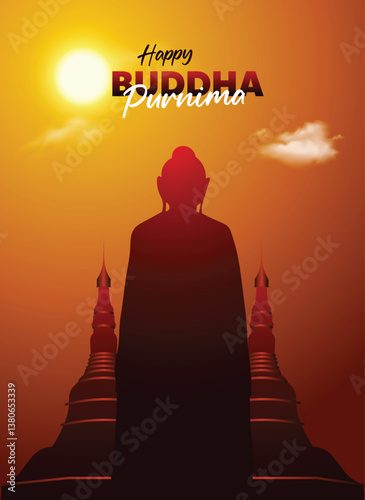 Happy Buddha Purnima lord Buddha with temple sunset vector poster
