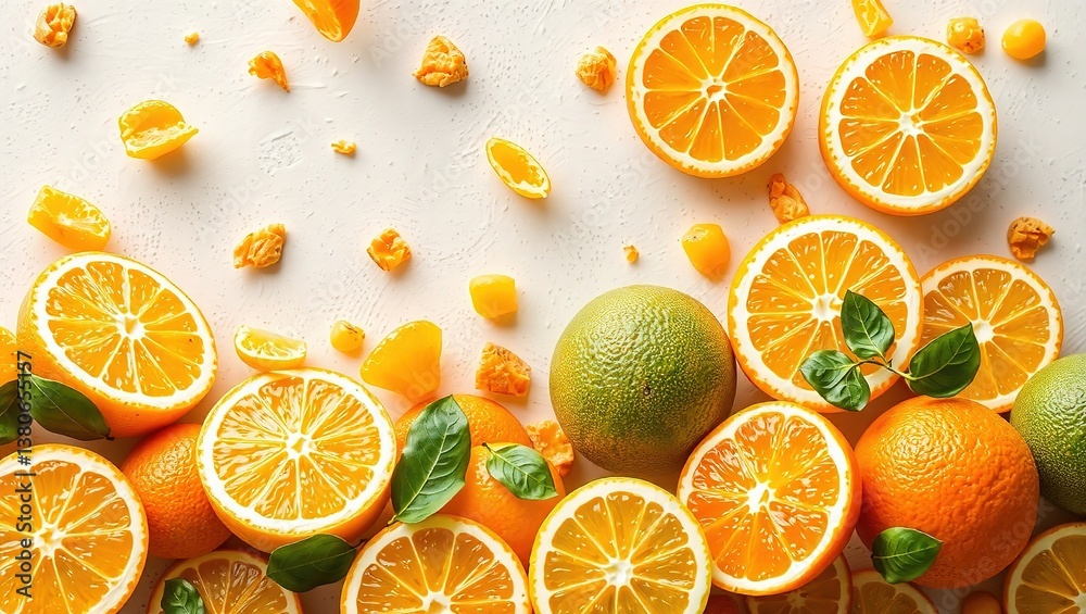 A Colorful Citrus Mix, Falling in Slow Motion, Against a Light Background