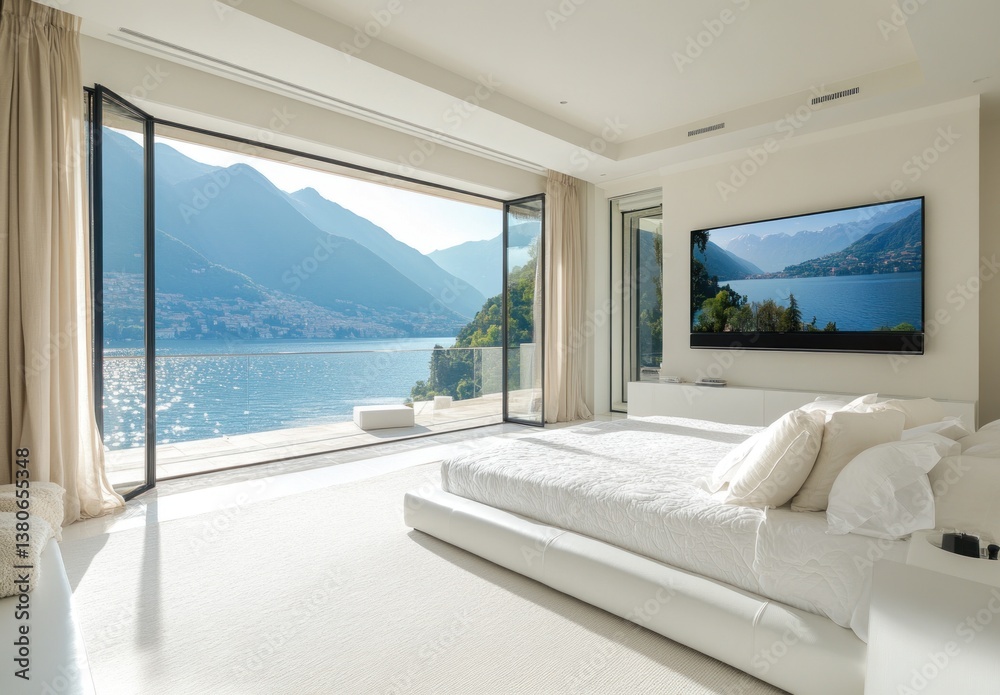 A luxurious modern bedroom offering scenic views of water and mountains A luxurious modern bedroom offering scenic views of water and mountains