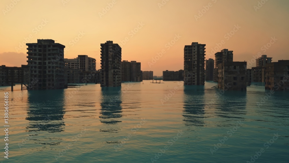 Obraz premium Experience the eerie silence of a coastline at sunset where buildings stand partially submerged in rising sea waters, capturing the beauty and melancholy of nature's impact.