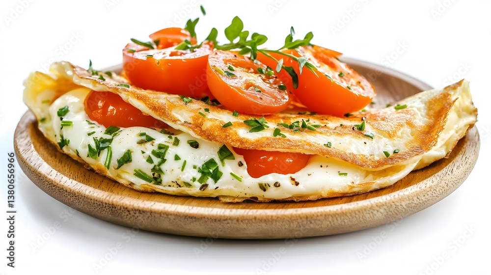 Delicious Homemade Omelette Topped With Fresh Tomatoes And Herbs On Wooden Plate Delicious Homemade Omelette Topped With Fresh Tomatoes And Herbs On Wooden Plate