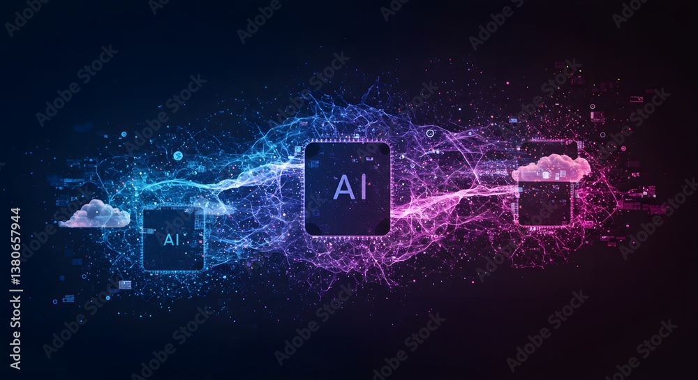 Naklejka premium A sleek digital art piece representing AI through evolving fractal patterns and data flows