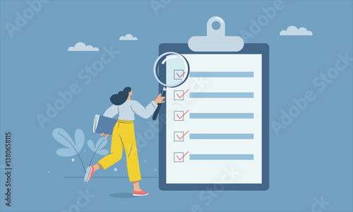 Female auditor holding a magnifying glass examining data, Business operations analysis, research, project planning, data audit, Financial management, Flat vector design illustration.