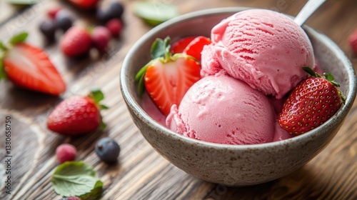 Beautiful Strawberry ice cream scoop in the bowl.