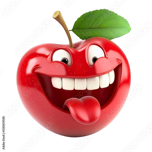 Funny red apple cartoon character illustration with big smile and tongue out isolated