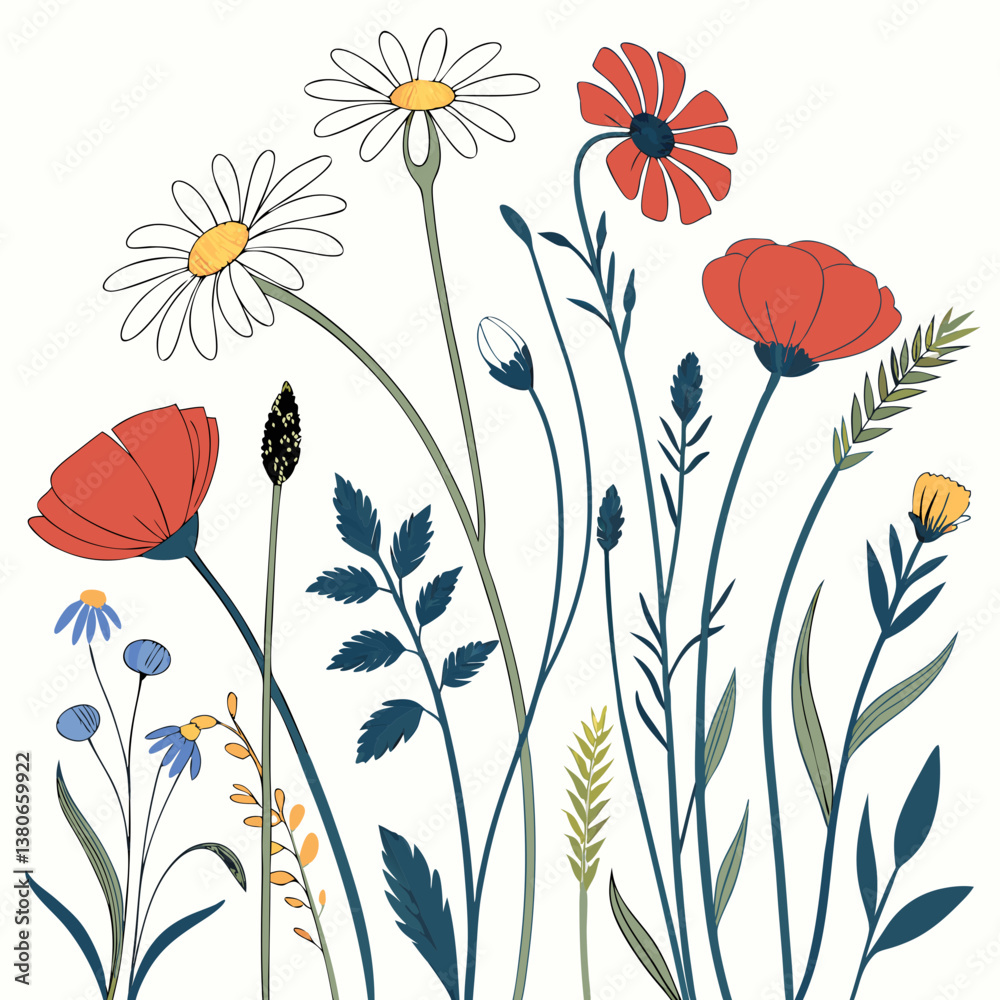 Naklejka premium Wildflower and Meadow Flora with Stem Vector Set