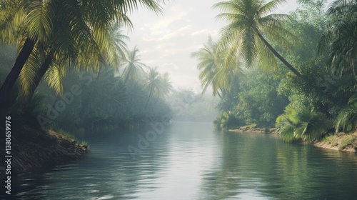 Tranquil tropical river vista with palm trees and lush riparian vegetation