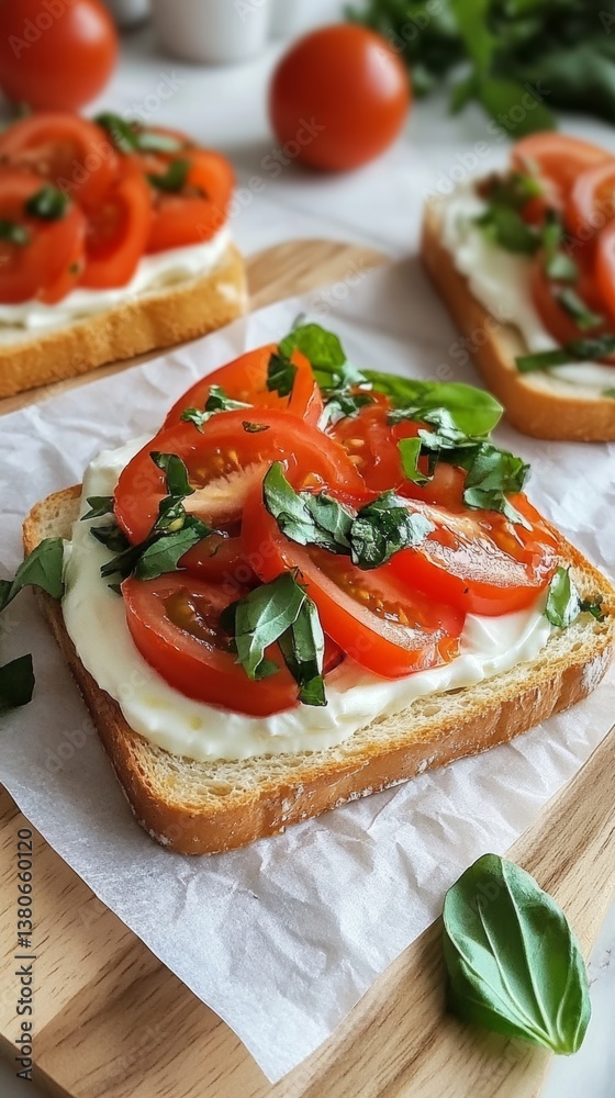 Fresh tomato and basil toast prepared on a wooden board, perfect for a light meal any time of day Fresh tomato and basil toast prepared on a wooden board, perfect for a light meal any time of day