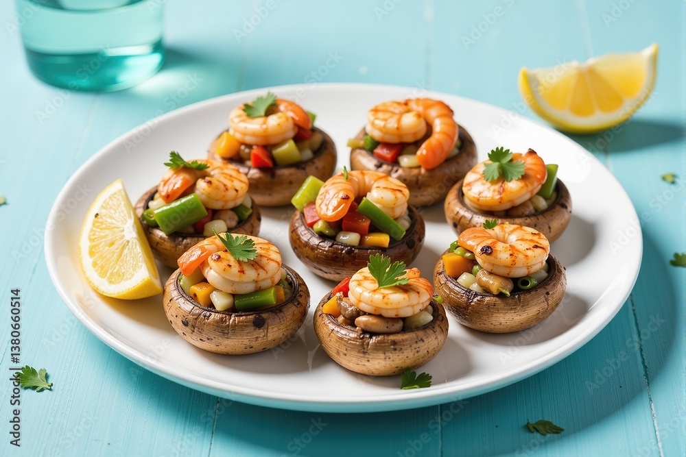 Close-up view of eight delicious stuffed mushrooms with shrimp and mixed vegetables, arranged on a white plate against a blue background. Close-up view of eight delicious stuffed mushrooms with shrimp and mixed vegetables, arranged on a white plate against a blue background.