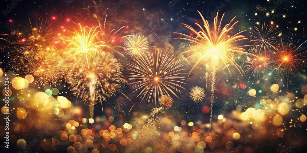 Fototapeta premium Vintage New Year's Eve Fireworks: Golden Bokeh Lights & Festive Celebration
