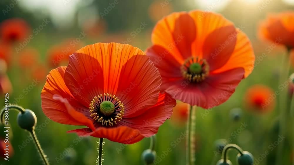 The picture shows two large red poppies with black and white centers. They are against the background of a blurred green field