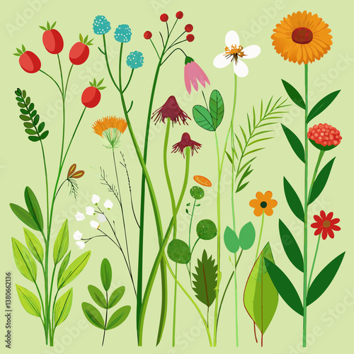 Wildflower and Meadow Flora with Stem Vector Set 