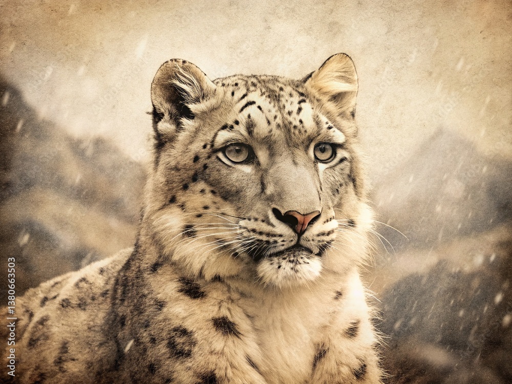 Obraz premium Vintage Photo: Endangered Snow Leopard in Himalayan Mountains