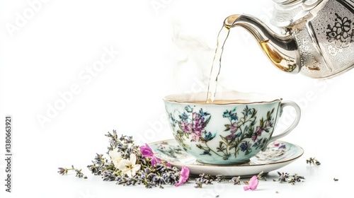 A traditional herbal infusion being poured into a vintage teacup, with steam rising, isolated on a white background