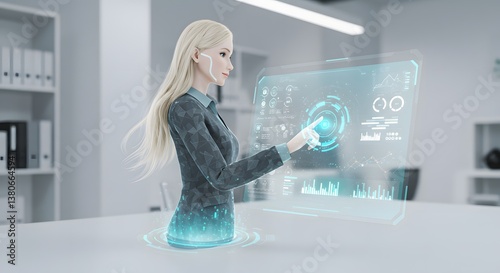 An AI-powered virtual assistant projected as a hologram engaging with a user interface