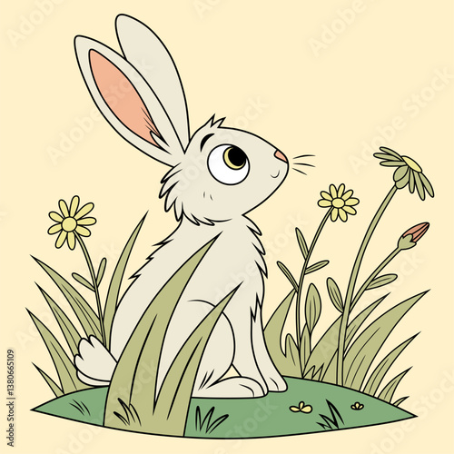 A charming colored illustration of a cute rabbit sitting in a grassy meadow surrounded by wildflowers. This digital artwork is perfect for children's books, greeting cards, and nature-themed designs.