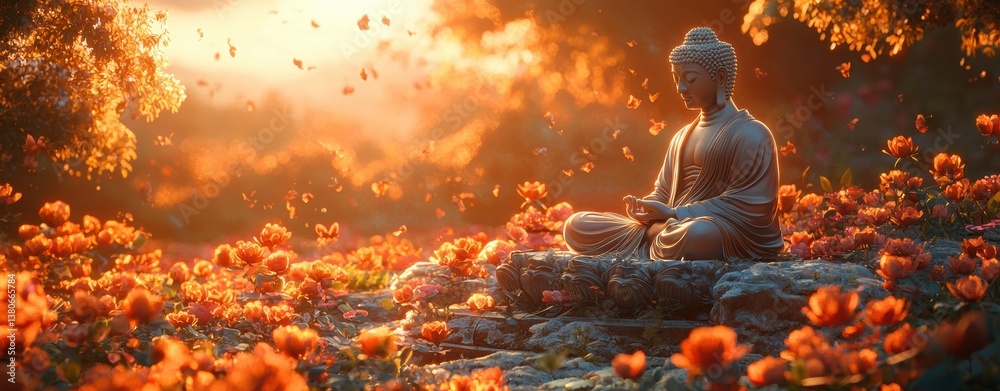 Naklejka premium Serene Buddha in a Floral Paradise
