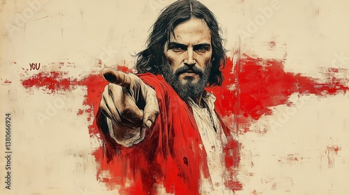 Figure with long hair, red robe, pointing forward on white backdrop with red brushstrokes