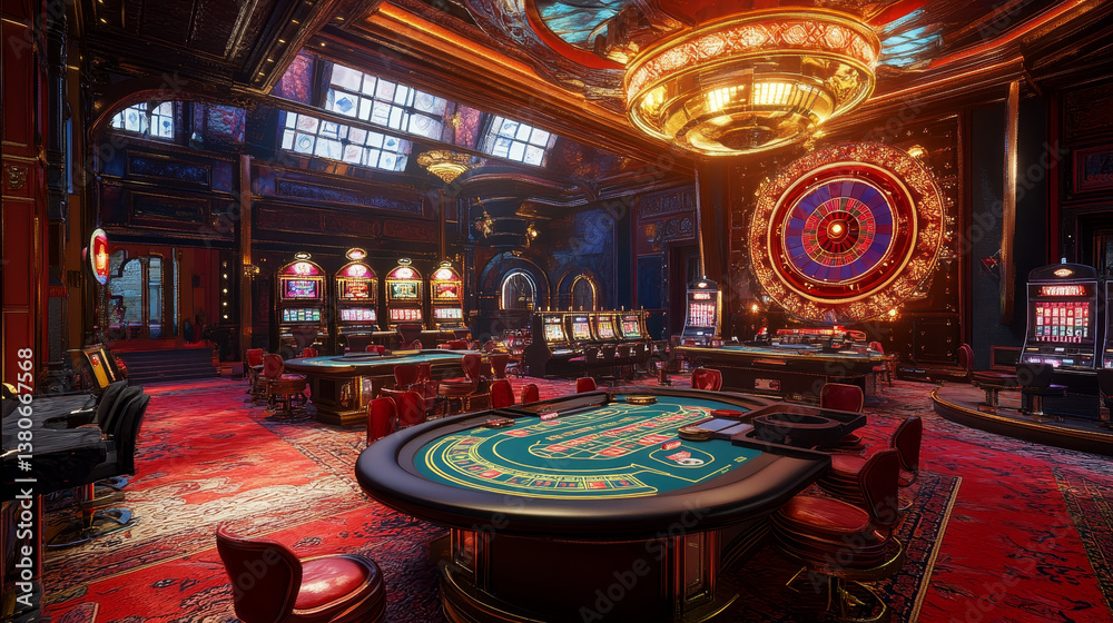 Naklejka premium Casino 3d cover, slot machines and roulette with cards, Scene background art. Vector illustration
