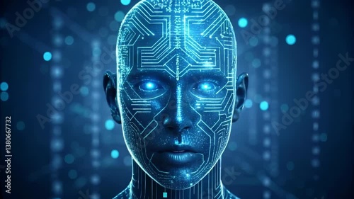 Futuristic AI Robot Face talking Emerging from Glowing Particle Data Stream in Digital Intelligence Environment