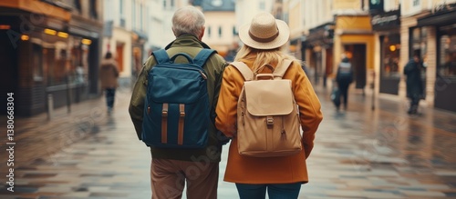 Seniors stroll cobblestone street, backpacks, city background, travel