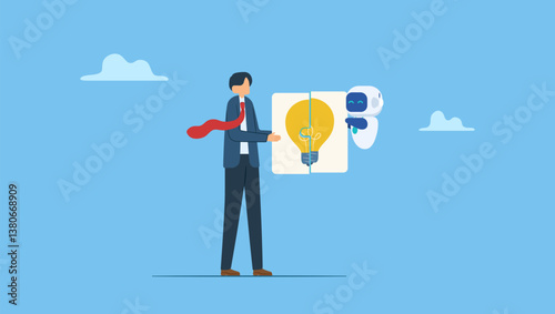 Entrepreneur or businessman and robots or put together the idea puzzle. AI and business collaboration, artificial intelligence helps businesses growth concept.