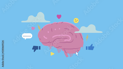 Human brain rot with social media addicted. Brain rot toxic social media addiction causing depression, anxiety and negative harmful thoughts, online overwhelmed.