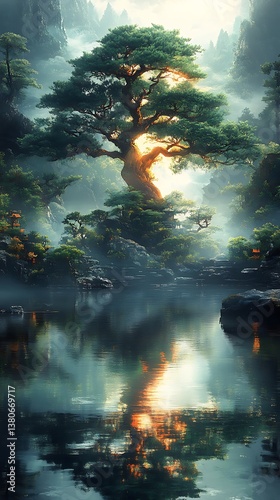 Majestic Tree Reflecting in a Tranquil Lake Surrounded by Misty Forest and Golden Sunlight