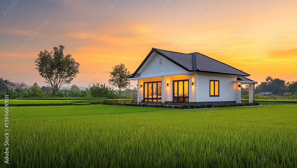 Modern House Design in Rice Paddy Field at Sunset: Peaceful Countryside Living with Stunning Views Modern House Design in Rice Paddy Field at Sunset: Peaceful Countryside Living with Stunning Views