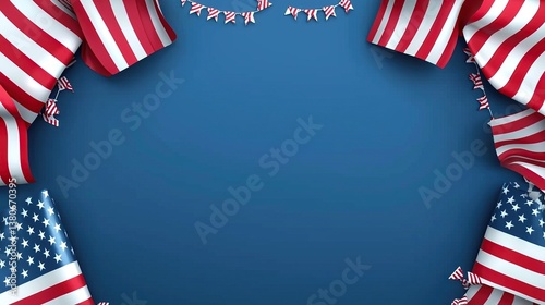 American flag frame border on a blue background with copy space for text or design, perfect for a USA holiday banner in a wide-format HD layout. 