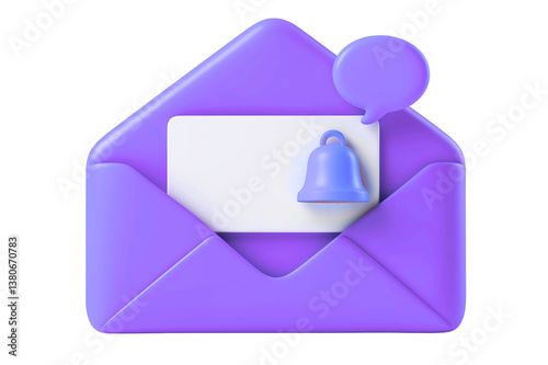 Envelope notification bell icon for new email inbox message 3D rendering