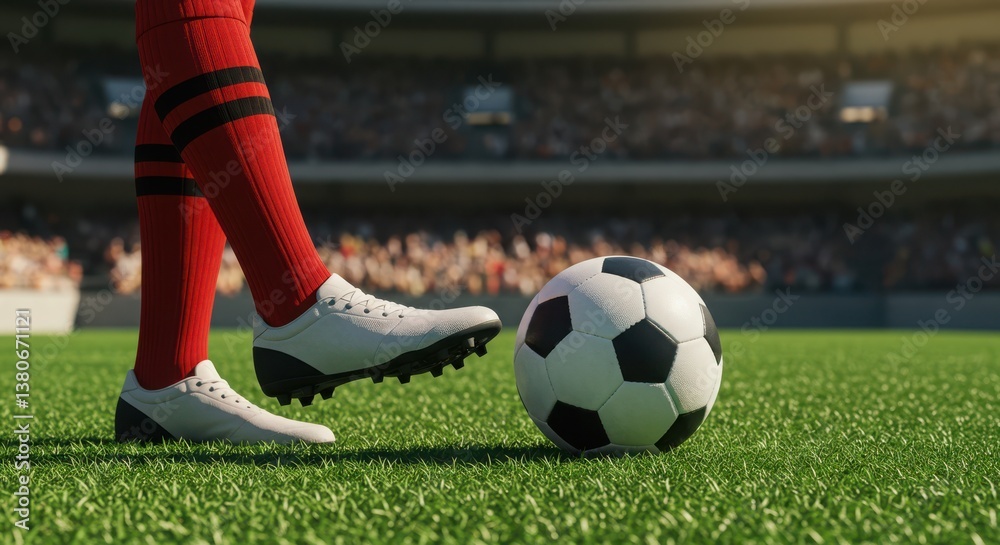 Obraz premium Soccer player preparing to kick a ball on a stadium field 