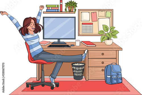 Beautiful cartoon woman on office desk. Modern women working.