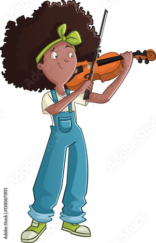Young cartoon woman playing violin. Black girl playing fiddle.