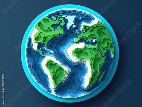 3D paper-cut style Earth logo in blue and green on a dark background, featuring a flat design with intricate details and a modern aesthetic. 