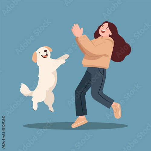 Young woman and her happy dog, playing together. Vector illustration captures fun, companionship, and the deep bond between a pet and its owner. Perfect for pet and happiness themes.