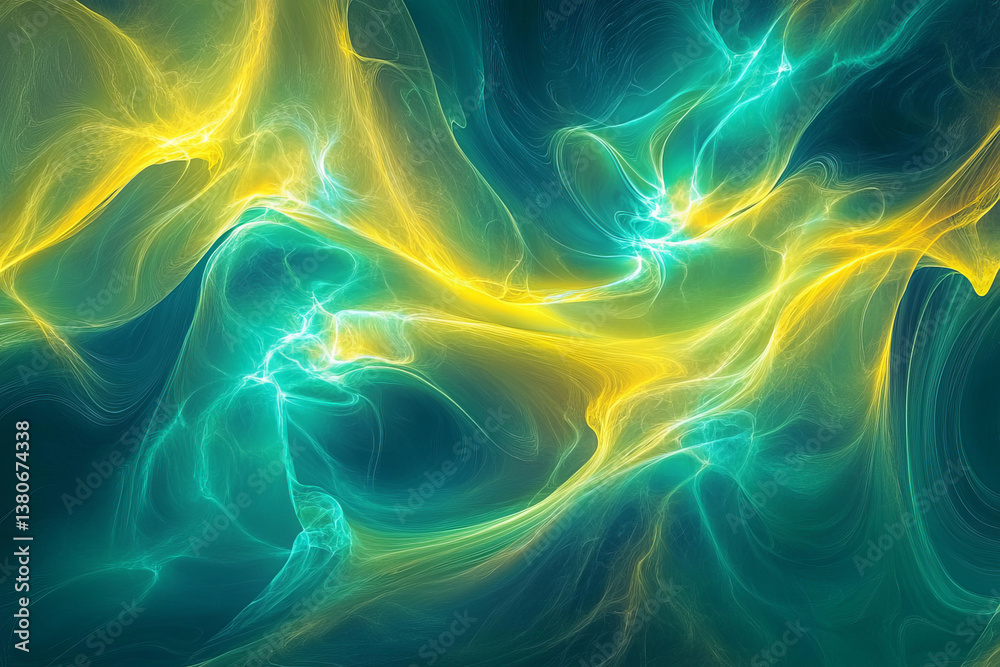 Fototapeta premium An abstract fluid patterns artwork with swirling neon yellow and teal energy streams creating a mesmerizing cosmic nebula effect in a futuristic design