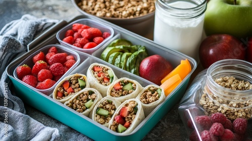A well-organized lunch box with homemade wraps, Greek yogurt, and crunchy granola, photo